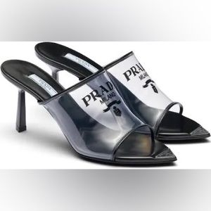 BRAND NEW Prada PVC 75mm Plexi Logo Print Metal Emblem Mules